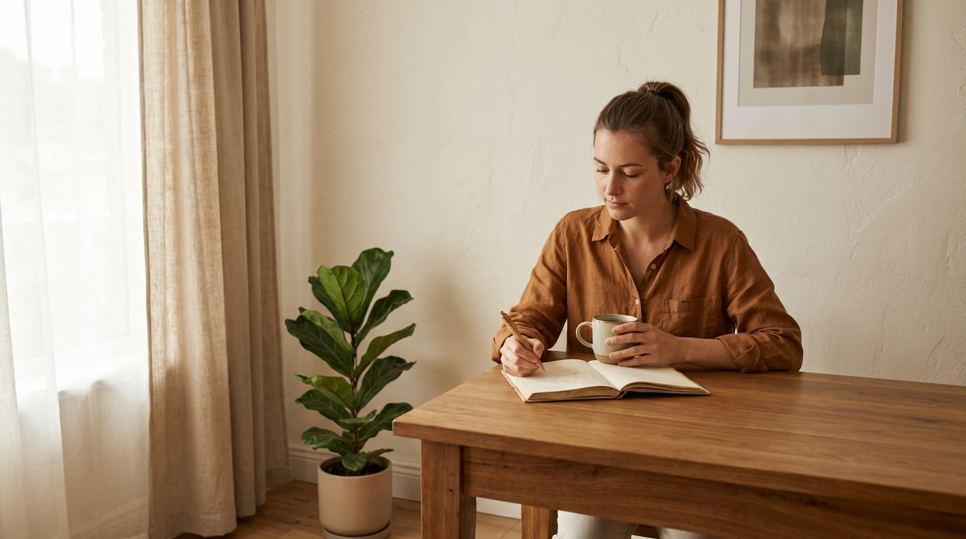 A wellness practitioner sitting at a small wooden desk near a sunlit window, reviewing a notebook with a warm cup of tea nearby. The room has soft earth tones, a potted monstera plant, and natural linen textures. The mood is calm, focused, and professional — a practitioner at ease in their workspace.