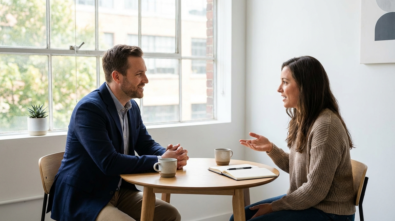 A coach and client sitting across from each other in a modern, light-filled space, with the coach leaning forward attentively and the client gesturing while speaking. Professional, warm atmosphere with books and a whiteboard subtly visible in the background.
