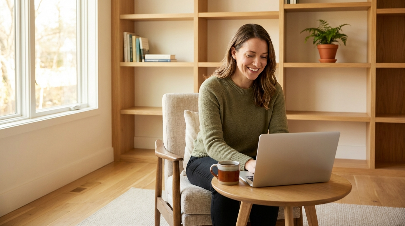 A therapist sitting in a calm, naturally-lit office with a laptop open on a small side table, smiling while reviewing her schedule between sessions. Warm tones, plants in the background, relaxed professional setting.