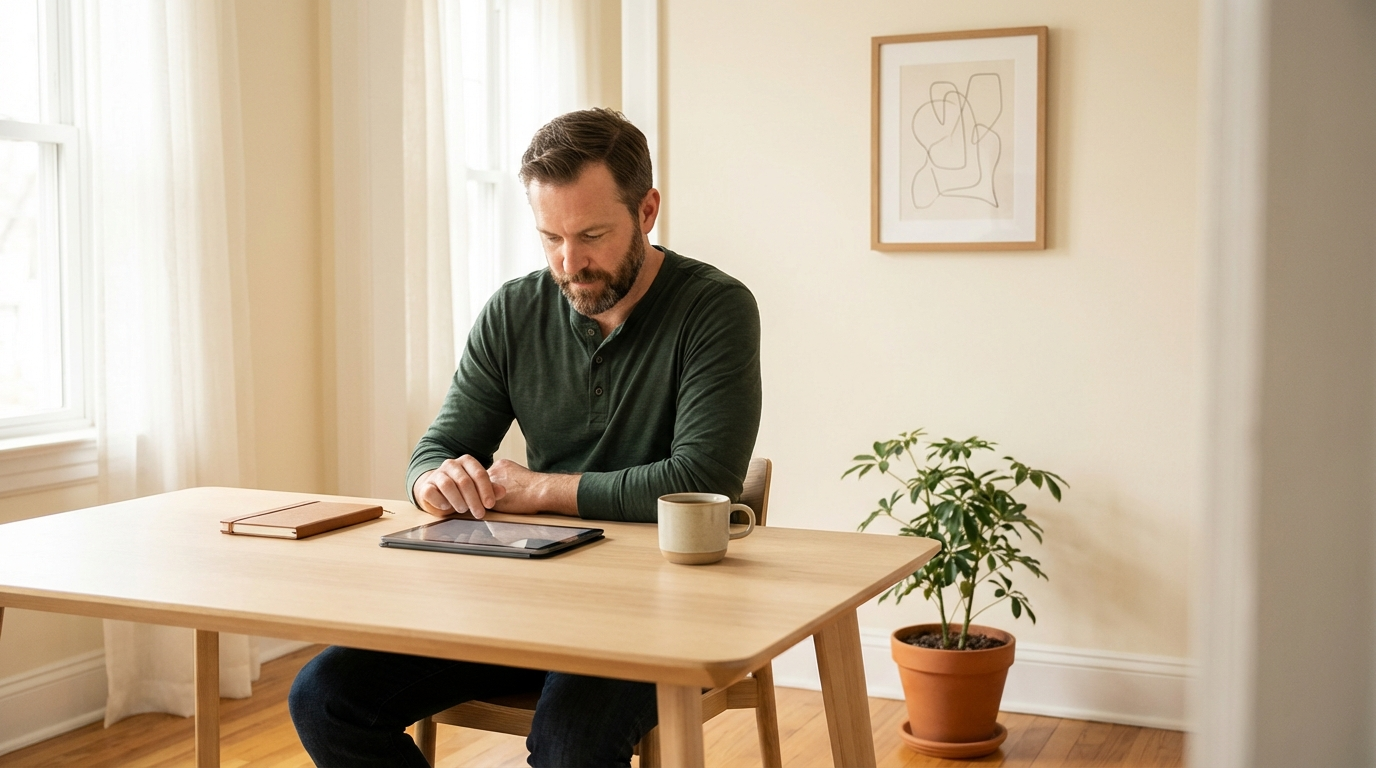 A wellness practitioner sitting at a wooden desk, reviewing session notes on a tablet, with a warm cup of tea nearby. The background shows a cozy, plant-filled office with soft natural light. The mood is calm, organized, focused.