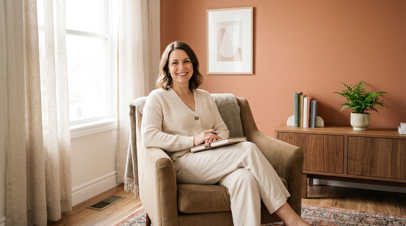 A therapist in a comfortable armchair with a notebook, looking relaxed and confident in a warmly decorated office space with soft lighting and indoor plants. The setting conveys calm professionalism.