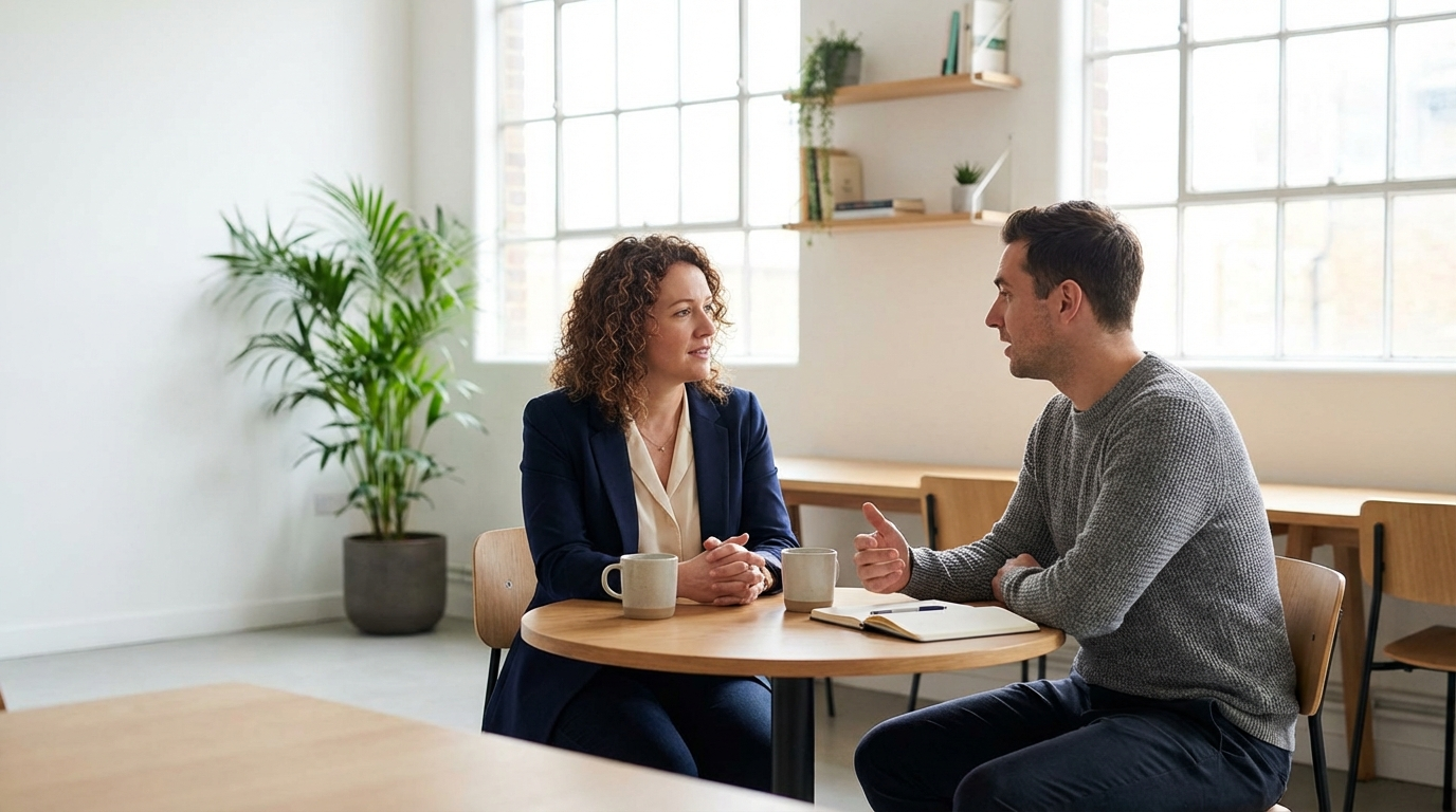 A coach and two clients gathered around a small table in a bright, modern co-working space, engaged in an animated discussion. Papers and coffee on the table. The atmosphere is collaborative, professional, and energetic. Natural light from large windows.