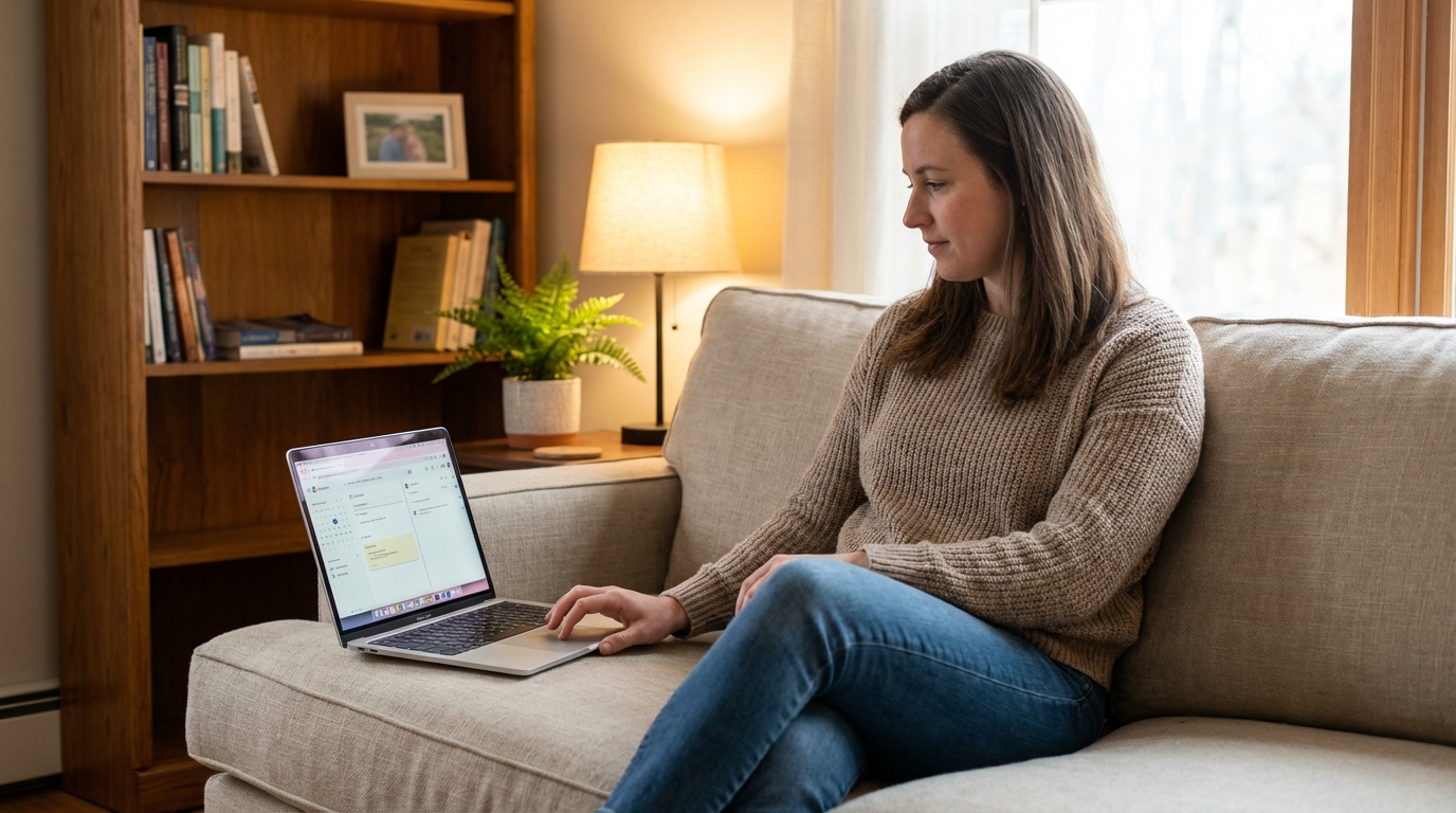 A therapist sitting cross-legged on a couch with a laptop, in a warm home office with bookshelves and soft lighting. The mood is casual, productive, and approachable — setting up something new between client sessions. Natural tones, relaxed posture.