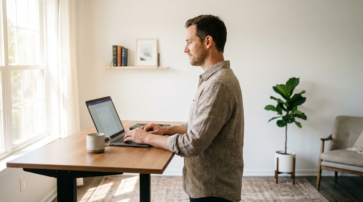 A practitioner at a standing desk in a bright home office, holding a phone in one hand and looking at a laptop screen showing a booking interface. The scene is calm and productive — a solo professional managing their practice with ease.
