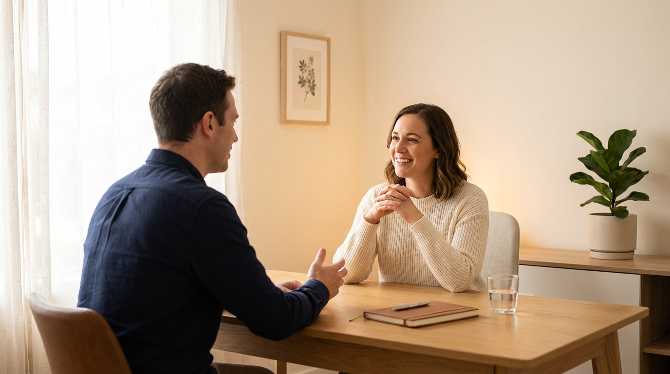 A practitioner handing a branded welcome packet to a smiling client across a warmly decorated consultation desk. Both people look engaged and comfortable. The scene conveys the start of a professional relationship — commitment and warmth. Soft natural lighting.