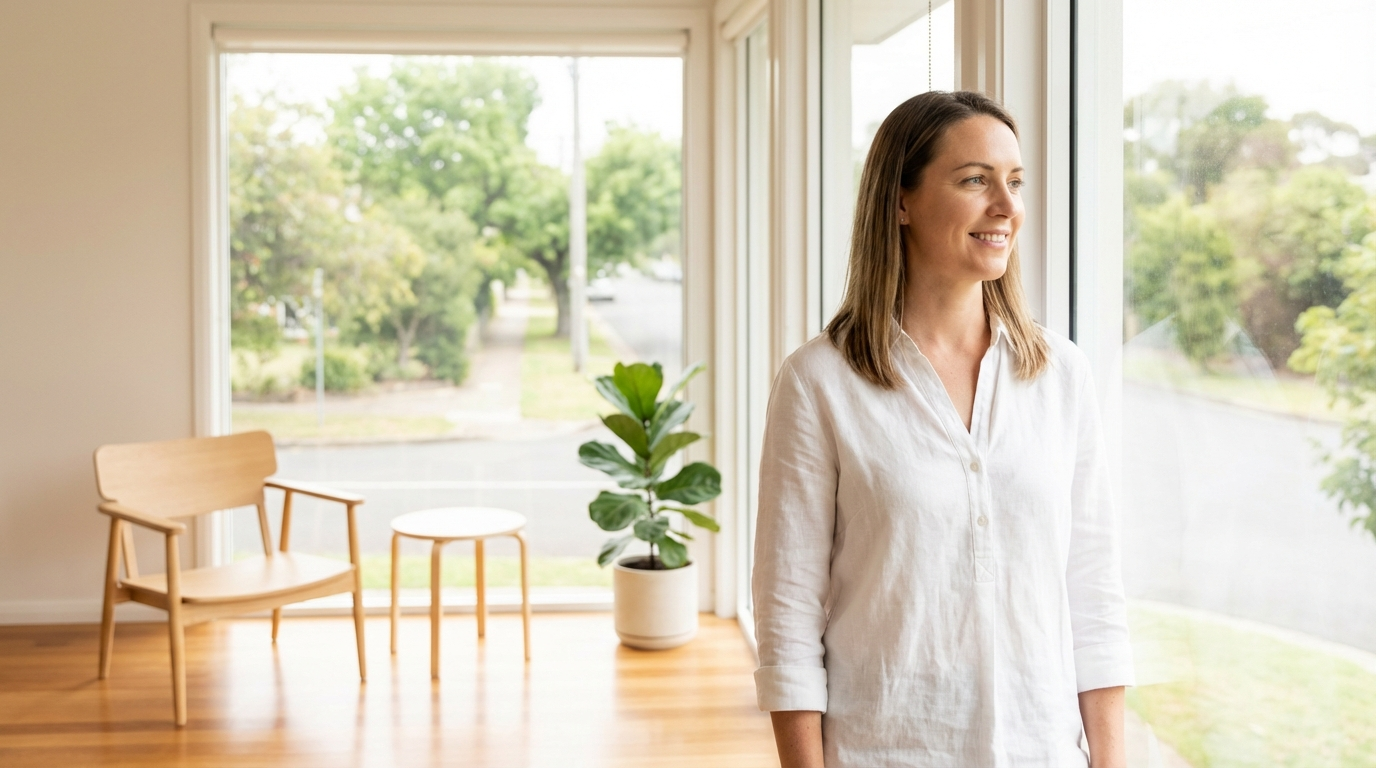 A therapist or counsellor in a comfortable office, perhaps standing by a window with natural light, looking relaxed and unburdened. Conveys lightness and simplicity. Warm tones, minimal clutter.